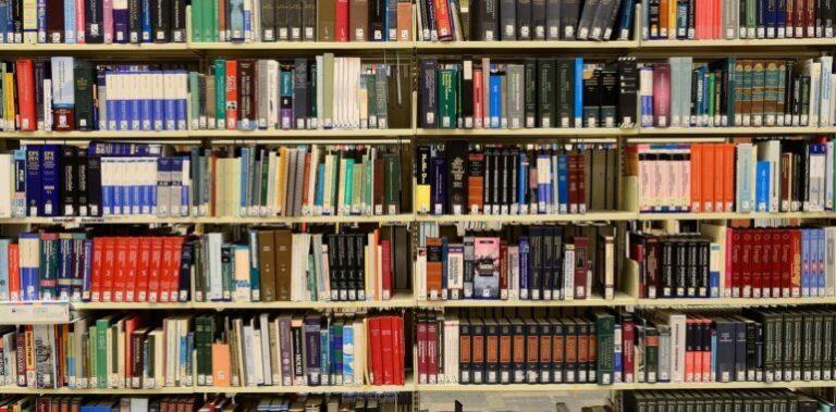 shelves of books from a library