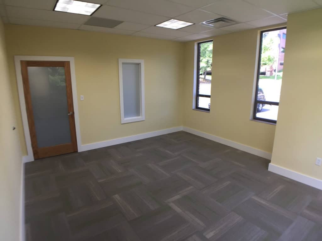 Empty office room with light yellow walls, a wooden door with frosted glass, two tall windows letting in natural light, gray patterned carpet, and a ceiling with fluorescent lights.