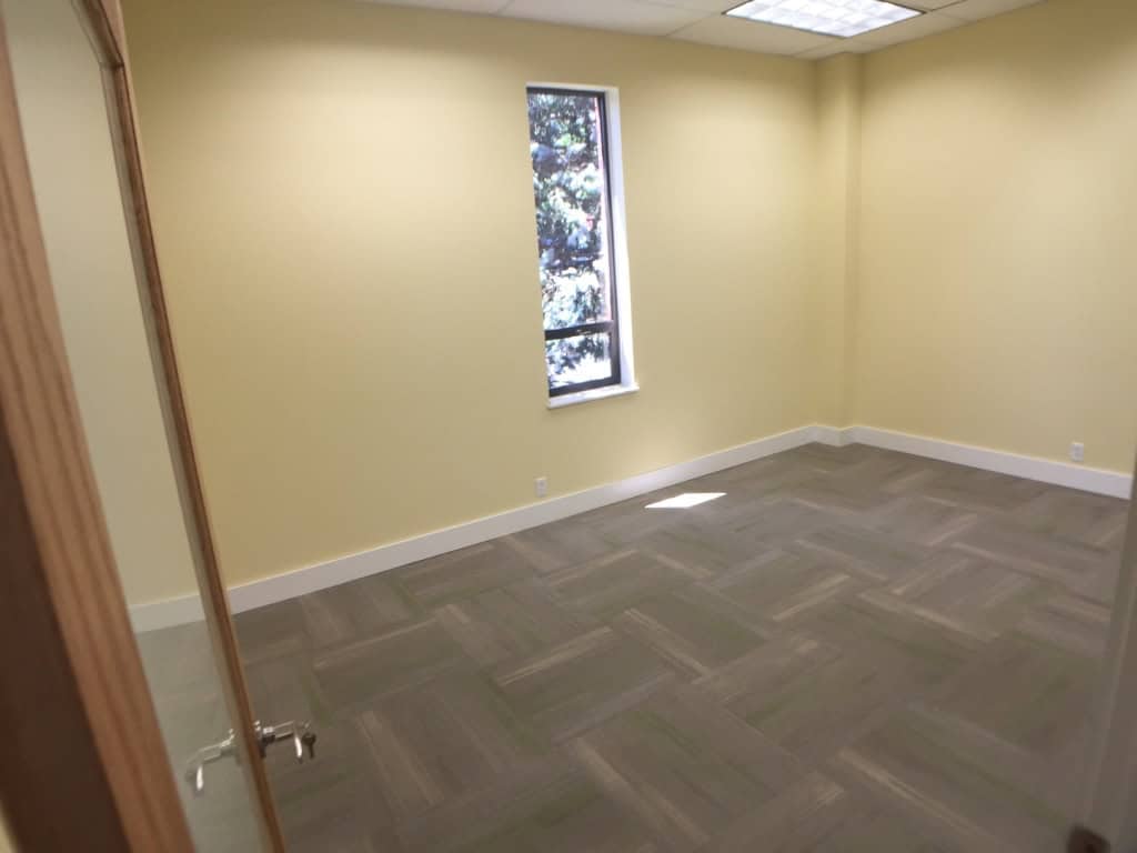 An empty office room with pale yellow walls, gray carpet flooring, a single narrow window letting in natural light, and a wooden door partially open.