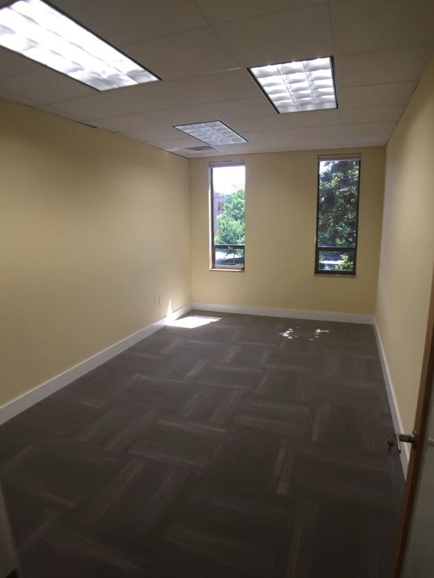 An empty office room with yellow walls, gray carpet, a white ceiling with fluorescent lights, and two tall windows letting in natural light and showing green trees outside.