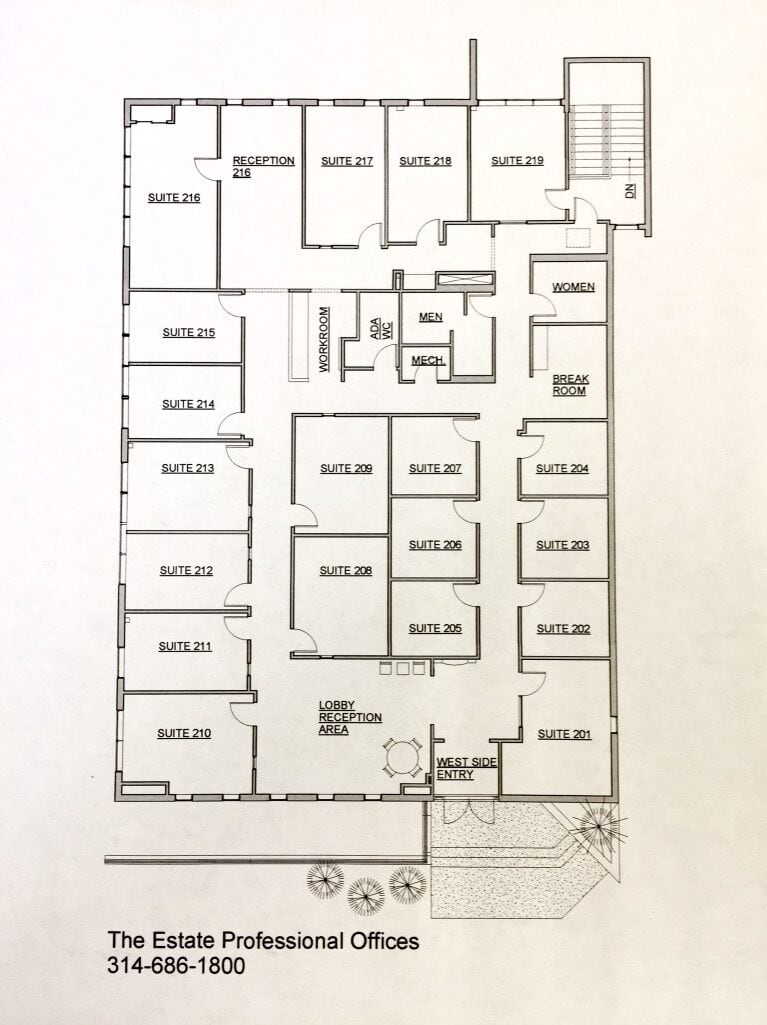 Floor plan of The Estate Professional Offices, showing multiple office suites, reception areas, lobby, restrooms, break room, and the west side entry. Contact number 314-686-1800 is at the bottom left.
